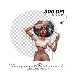 May include: Digital illustration of a woman with dark skin, wearing a white crop top and tan shorts, holding a mop and a water pipe. The image includes the text "300 DPI 12 X 12 IN." and "Transparent Background 3000 X 3000 PIXELS."