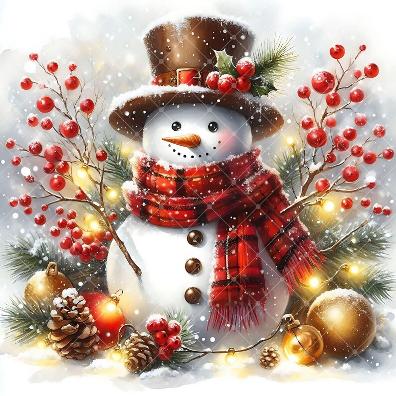 May include: A whimsical snowman illustration, adorned with a brown top hat and a red plaid scarf. The snowman features a carrot nose, coal eyes, and button details. Festive red berries, pinecones, and golden ornaments surround the snowman, creating a winter holiday scene.