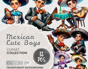 Mexican Mariachi Boys Clipart Bundle PNG, Traditional Mexican Charro Outfit Kids Clipart for Sublimation, Fiesta Crafts, Cinco de Mayo Art