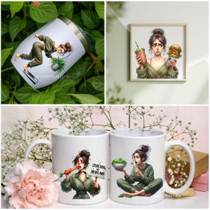 May include: Two white ceramic mugs with illustrations of women. One mug features a woman holding a carrot and a sign that says "Crunching my dreams away". The other mug features a woman holding a bowl of salad.