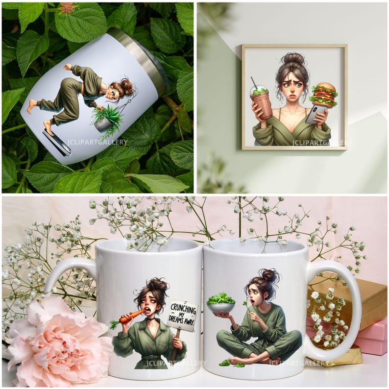 May include: Two white ceramic mugs with illustrations of women. One mug features a woman holding a carrot and a sign that says "Crunching my dreams away". The other mug features a woman holding a bowl of salad.