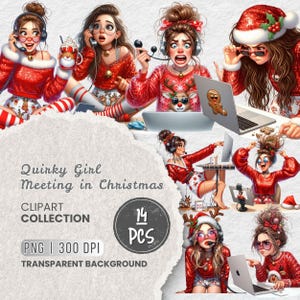 Könnte beinhalten: Eine digitale Clipart-Sammlung mit dem Titel "Quirky Girl Meeting in Christmas". Das Bild zeigt mehrere Illustrationen von Frauen in festlichen roten Outfits, einige mit Laptops und Headsets. Die Sammlung umfasst 14 Teile im PNG-Format mit 300 DPI.