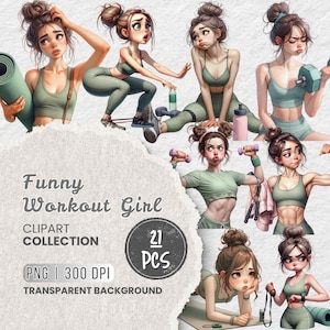 Könnte beinhalten: Eine digitale Clipart-Sammlung mit 21 Illustrationen, die eine Comic-Frau in verschiedenen Trainingsposen zeigen. Die Frau trägt einen grünen Sport-BH und Leggings. Sie hält eine Yogamatte, Hanteln und ein Springseil. Der Text "Funny Workout Girl" und "21 PCS" ist im Bild enthalten.