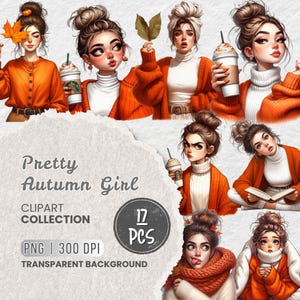 Op de afbeelding: Een digitale clipart-collectie met 17 herfst-illustraties met meisjes in oranje en bruine kleding, herfstbladeren en koffiebekers. De tekst "Pretty Autumn Girl" en "17 PCS" is in de afbeelding opgenomen.