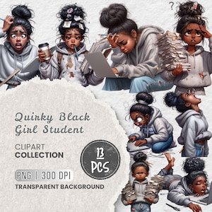 May include: A digital clipart collection titled "Quirky Black Girl Student" featuring illustrations of a Black student in various stressed poses. The collection includes 13 PNG images with a transparent background, perfect for digital projects.