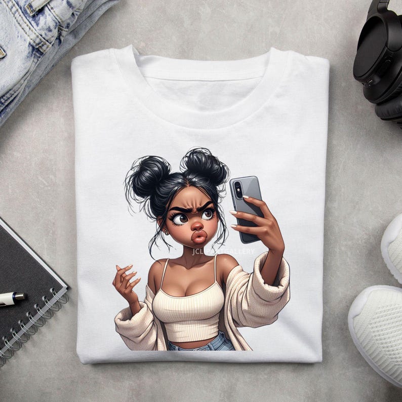 Paquete de imágenes prediseñadas divertidas de chicas negras haciéndose selfies, imágenes prediseñadas de mujeres negras con teléfono, paquete de personajes de chicas lindas, chicas de redes sociales, manualidades de papel imagen 8