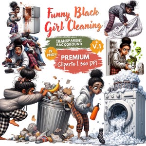 Quirky Black Girl Cleaning Time Clipart, Funny Cleaning Girl, House Chores Clipart, Lazy Girl Washing Dishes Vacuuming, Afro-American Girl image 2