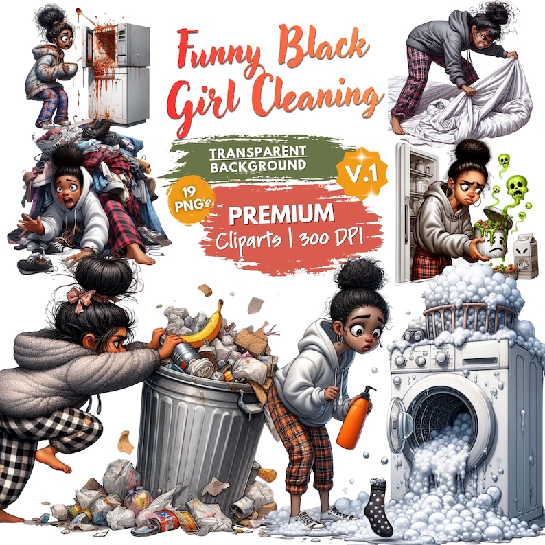 Quirky Black Girl Cleaning Time Clipart, Funny Cleaning Girl, House Chores Clipart, Lazy Girl Washing Dishes Vacuuming, Afro-American Girl image 2