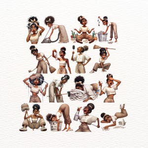 May include: A digital illustration depicts a woman in various cleaning scenarios. She is wearing a white crop top and tan pants. The woman is shown vacuuming, sweeping, and doing laundry. The image has a light background.