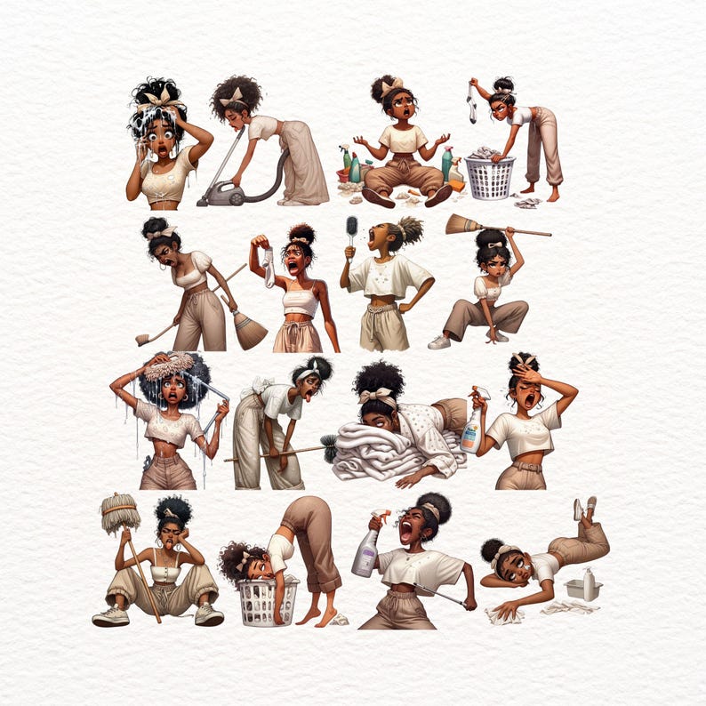 May include: A digital illustration depicts a woman in various cleaning scenarios. She is wearing a white crop top and tan pants. The woman is shown vacuuming, sweeping, and doing laundry. The image has a light background.
