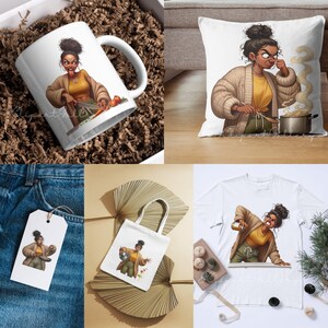 Puede incluir: Una colecci&oacute;n de productos con tem&aacute;tica de cocina que presenta una ilustraci&oacute;n de dibujos animados de una mujer cocinando. Los art&iacute;culos incluyen una taza de caf&eacute; blanca, un coj&iacute;n, un bolso de mano, una camiseta y una etiqueta. La mujer lleva un top amarillo y una rebeca marr&oacute;n.
