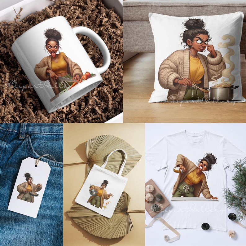 Puede incluir: Una colecci&oacute;n de productos con tem&aacute;tica de cocina que presenta una ilustraci&oacute;n de dibujos animados de una mujer cocinando. Los art&iacute;culos incluyen una taza de caf&eacute; blanca, un coj&iacute;n, un bolso de mano, una camiseta y una etiqueta. La mujer lleva un top amarillo y una rebeca marr&oacute;n.