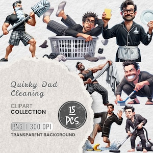 Quirky Dad Cleaning Clipart, Funny Housework Dad PNGs, Dad Life, Funny Family Clipart, Cartoon Messy Dad for Stickers, Planners, Sublimation