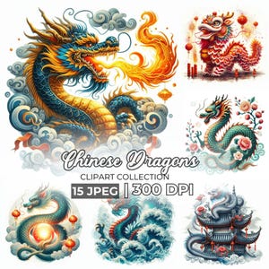 Chinese Dragon Clipart Bundle JPEG, Watercolor Fire Dragon Designs for Sublimation, Crafts, and Decor, Lunar New Year Art for DIY Projects
