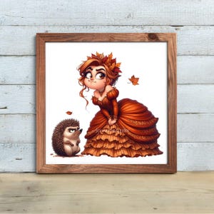 May include: A framed print featuring a cartoon illustration of a woman in a rust-colored gown and a hedgehog. The woman has auburn hair adorned with autumn leaves. The hedgehog has a stern expression. The artwork is set against a white background.