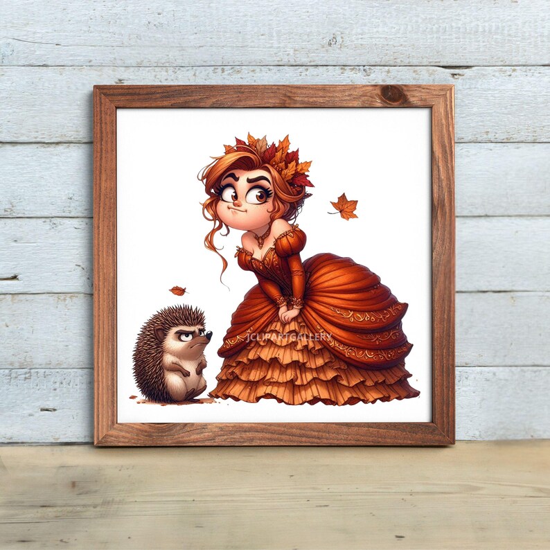 May include: A framed print featuring a cartoon illustration of a woman in a rust-colored gown and a hedgehog. The woman has auburn hair adorned with autumn leaves. The hedgehog has a stern expression. The artwork is set against a white background.