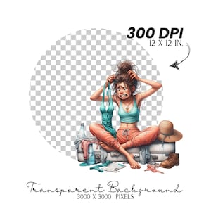 May include: Illustration of a woman looking stressed, holding a teal swimsuit, sitting on a suitcase surrounded by clothes and accessories. The image includes text that reads "300 DPI 12 X 12 IN." and "Transparent Background 3000 X 3000 PIXELS."