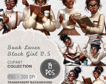 Op de afbeelding: Een digitale clipartcollectie getiteld "Book Lover Black Girl V.5" met illustraties van een zwarte vrouw in verschillende poses met boeken, koffie en uitdrukkingen. De collectie bevat 14 stuks met een transparante achtergrond.