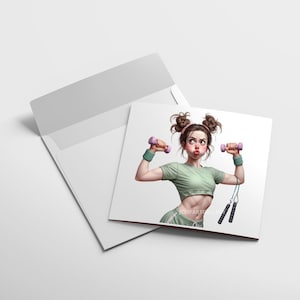 May include: A cartoon illustration of a woman with pigtails lifting pink dumbbells while holding a jump rope. She is wearing a green crop top and blue shorts.