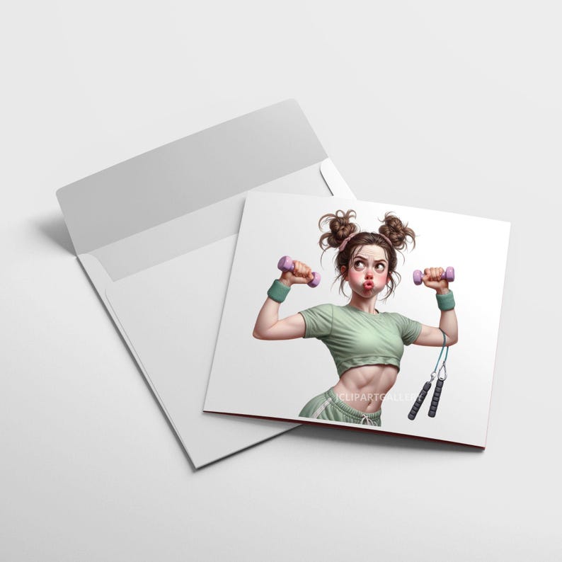 May include: A cartoon illustration of a woman with pigtails lifting pink dumbbells while holding a jump rope. She is wearing a green crop top and blue shorts.