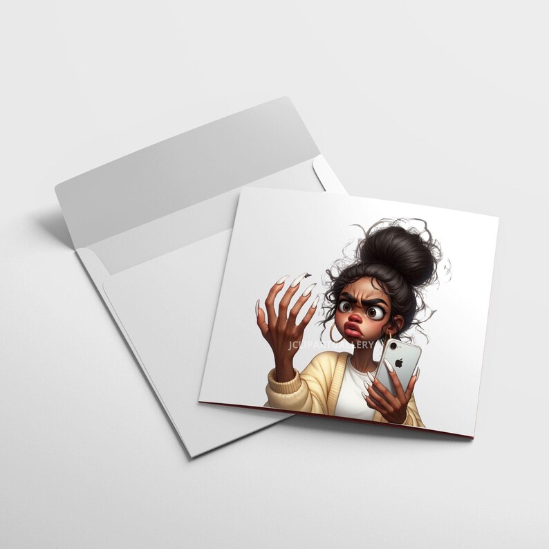 Puede incluir: Una ilustraci&oacute;n de dibujos animados de una mujer con piel morena y un mo&ntilde;o en el pelo. Lleva un c&aacute;rdigan amarillo y mira su tel&eacute;fono con una expresi&oacute;n de sorpresa. Sus u&ntilde;as son largas y est&aacute;n pintadas de blanco.