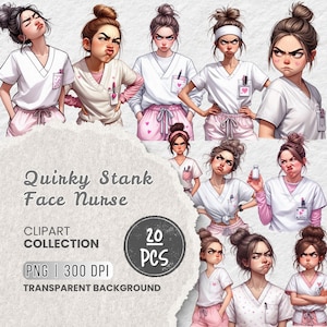 Puede incluir: Una colección de imágenes prediseñadas con ilustraciones de enfermeras con expresiones faciales expresivas. Las enfermeras se representan en varias poses, vistiendo uniformes blancos y pantalones de pijama rosas. Se muestra el texto "Quirky Stank Face Nurse", junto con "20 PCS", "PNG | 300 DPI" y "TRANSPARENT BACKGROUND".