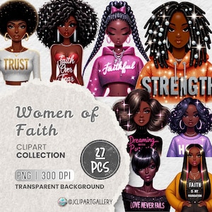 Empowering Black Girl PNG Clipart Bundle, Woman of Faith, Black Girl Praying, Inspirational Black Skin Woman, Unique Christian Design
