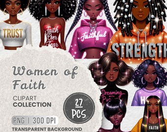 Empowering Black Girl PNG Clipart Bundle, Woman of Faith, Black Girl Praying, Inspirational Black Skin Woman, Unique Christian Design