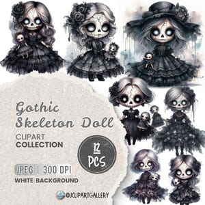 Creepy Doll Clipart, Gothic Skeleton Chibi Doll Clipart JPEG Bundle, Dark Aesthetic Skeleton Doll PNG, Watercolor Halloween Chibi Art