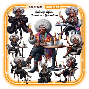 Senior Woman Drinking Wine JPEG Clipart Bundle, Afro-American Grandma, Funny Comics Grandma Cartoon Illustration, Paper Crafts, Sublimation