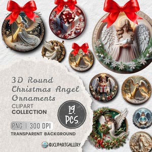 Christmas Angel Ornament Clipart PNG Bundle, 3D Sublimation Design, Crafts, Christmas Card, Ornament Stickes, Gift Tags, Celestial Graphics