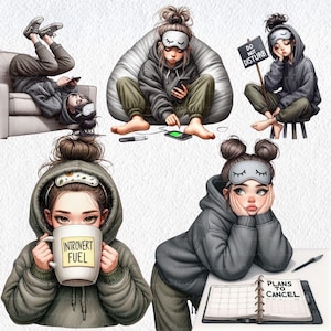 Puede incluir: Ilustraci&oacute;n digital de una persona en varias poses, todas con antifaz y sudadera con capucha. Una est&aacute; en un sof&aacute;, otra en un puf, y otra sostiene una taza que dice "Introvert Fuel". Un letrero dice "Do Not Disturb". Una agenda dice "Plans to Cancel".
