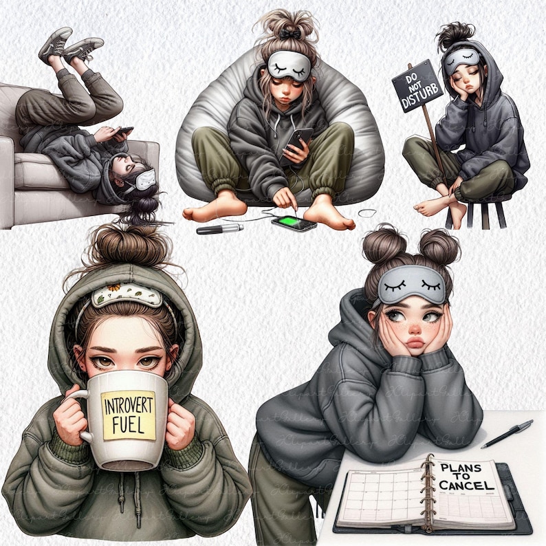 Puede incluir: Ilustraci&oacute;n digital de una persona en varias poses, todas con antifaz y sudadera con capucha. Una est&aacute; en un sof&aacute;, otra en un puf, y otra sostiene una taza que dice "Introvert Fuel". Un letrero dice "Do Not Disturb". Una agenda dice "Plans to Cancel".