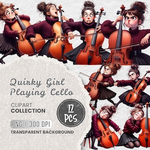 May include: A digital clipart collection featuring illustrations of quirky girls playing the cello. The girls are depicted with various expressions, wearing burgundy sweaters and black skirts. The text "Quirky Girl Playing Cello" is displayed, along with "CLIPART COLLECTION" and "17 PCS".