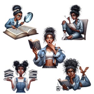 May include: Five illustrations of women with different hairstyles and expressions, all wearing denim jackets and reading books. One woman is using a magnifying glass to examine a book, another is holding a book and looking surprised, another is writing in a notebook, another is holding a stack of books, and another is reading a book while lying down.