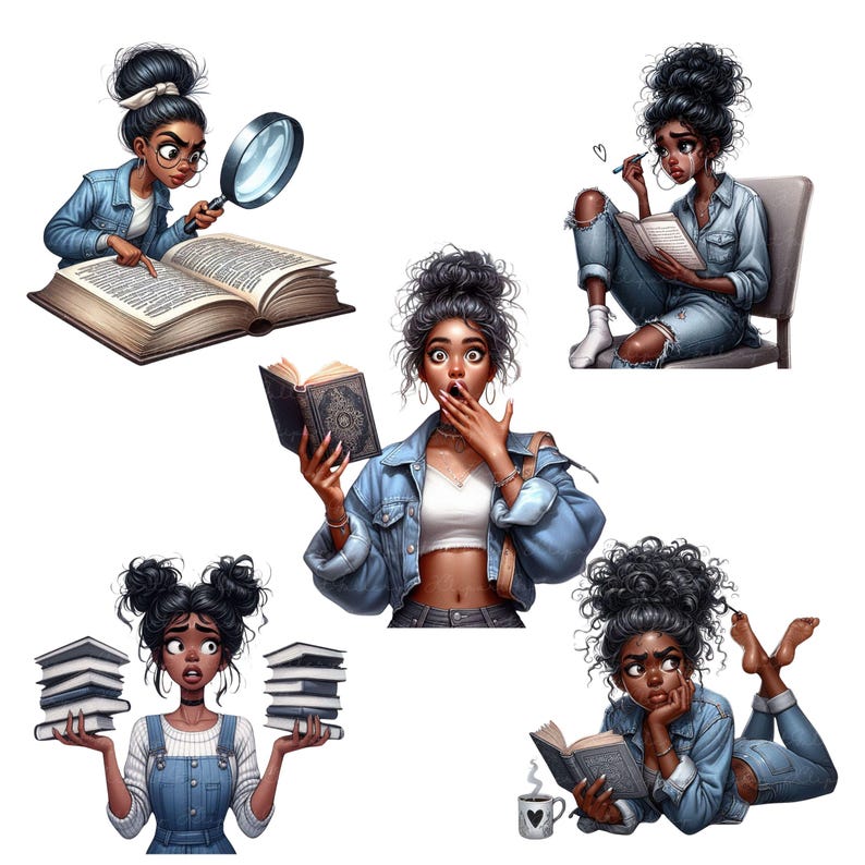 May include: Five illustrations of women with different hairstyles and expressions, all wearing denim jackets and reading books. One woman is using a magnifying glass to examine a book, another is holding a book and looking surprised, another is writing in a notebook, another is holding a stack of books, and another is reading a book while lying down.