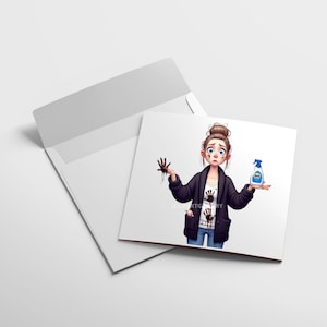 Puede incluir: Una ilustraci&oacute;n de dibujos animados de una persona con cabello casta&ntilde;o que lleva un su&eacute;ter negro y jeans azules. La persona tiene ojos marrones y sostiene una botella azul de spray limpiador en una mano y tiene huellas de manos negras en su camisa.