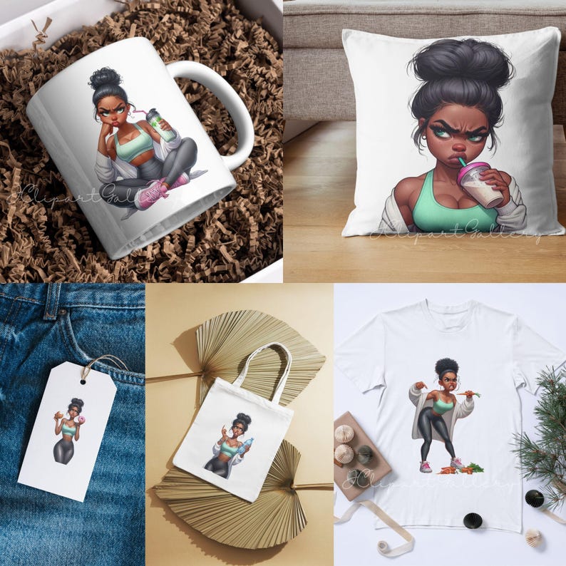 May include: Collection of products featuring a cartoon illustration of a woman. Includes a white coffee mug, a white pillow, a white tote bag, a white t-shirt, and a tag. The woman is wearing a sports bra, leggings, and sneakers.
