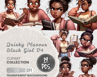 May include: A digital clipart collection titled Quirky Planner Black Girl V4 featuring 19 illustrations of a character with dark skin and brown hair in various buns, wearing pink cardigans, interacting with planners, notebooks, and pens.