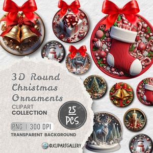 May include: A set of 25 round Christmas ornaments with a 3D effect. The ornaments feature various holiday themes, including a snowman, a deer, a Christmas tree, a stocking, bells, and a gift box. The ornaments are on a transparent background.
