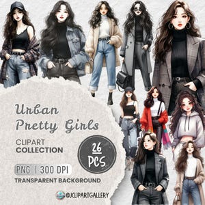 Urban Girl Aquarell Clipart PNG Bündel, koreanische Mode-Illustration, schickes Streetstyle-Dekor, moderne Stadtmädchen, Kartenherstellung, Scrapbooking