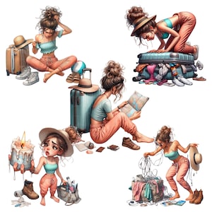 May include: A digital illustration depicts a woman in various travel-related scenarios. She is shown packing a suitcase, looking at a map, and surrounded by luggage, clothing, and accessories. The color palette includes shades of blue, peach, and brown.