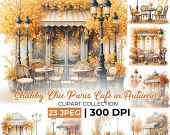 May include: A digital clipart collection of 23 images featuring a Parisian cafe in autumn. The images depict a cafe with yellow leaves, tables, chairs, and street lamps. The text "Chabby Chic Paris Cafe in Autumn" and "23 JPEG | 300 DPI" is included in the image.