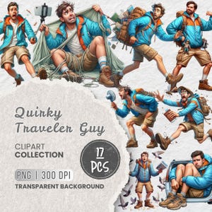 May include: A digital clipart collection titled "Quirky Traveler Guy" featuring 17 PNG images with a transparent background. The images depict a cartoon traveler in various humorous poses, wearing a blue jacket, khaki shorts, and hiking boots.