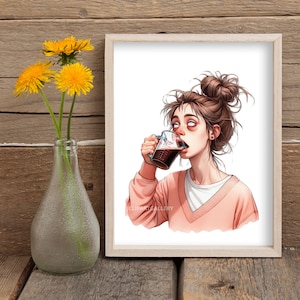May include: A digital illustration of a woman with brown hair in a messy bun, wearing a pink sweater, drinking from a white mug with dark liquid inside. The woman has a tired expression and her eyes are wide open.