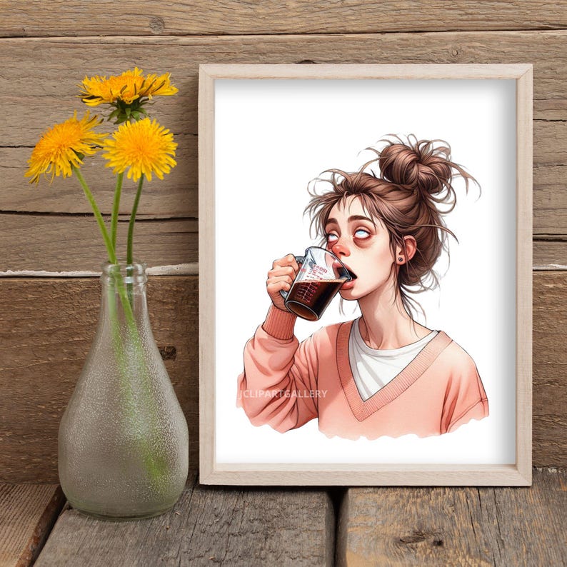 May include: A digital illustration of a woman with brown hair in a messy bun, wearing a pink sweater, drinking from a white mug with dark liquid inside. The woman has a tired expression and her eyes are wide open.