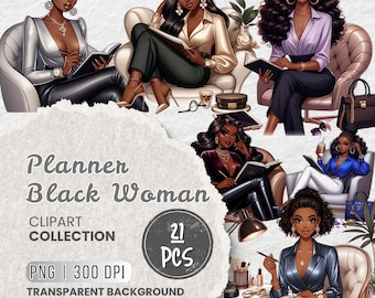 May include: A digital clipart collection of 21 planner illustrations featuring Black women in various poses, holding planners and sitting in chairs. The illustrations are in a cartoon style and have a transparent background.