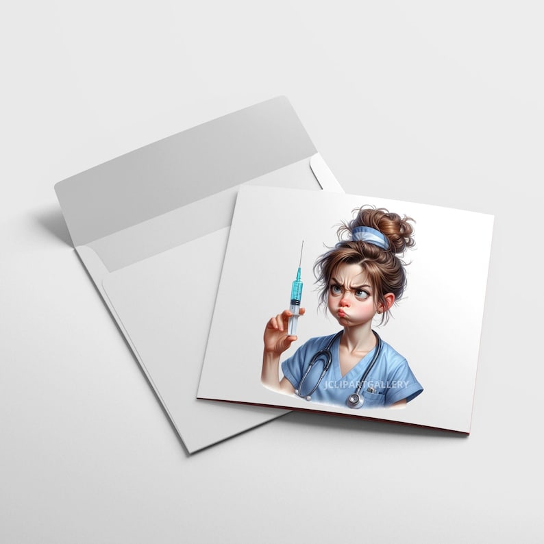 K&ouml;nnte beinhalten: Eine Cartoon-Illustration einer Krankenschwester mit einem strengen Gesichtsausdruck, die eine Spritze h&auml;lt. Sie tr&auml;gt eine blaue Krankenschwesteruniform mit einem Stethoskop um den Hals. Der Hintergrund ist wei&szlig;.