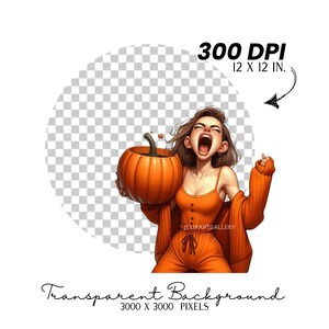 May include: A woman in an orange jumpsuit and a matching sweater holds a large orange pumpkin with a surprised expression on her face. The background is transparent.
