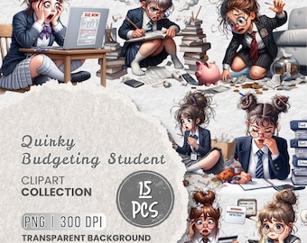 Quirky Budgeting Student Clipart, Funny Broke Student, College Finance Humor Digital Art, School Expenses Clipart, Scrapbooking, Sublimation